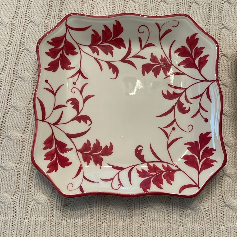2 Red Leaf square dessert plates w/ wall hanger on back. 1.25” off wall 8.5”